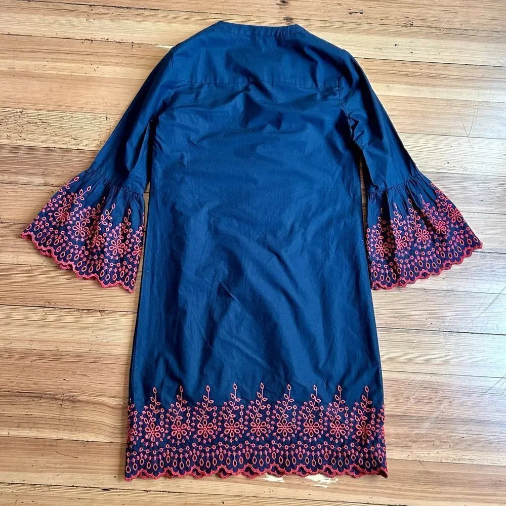 J. Crew eyelet bell sleeve dress, navy. Size XXS. NWOT.